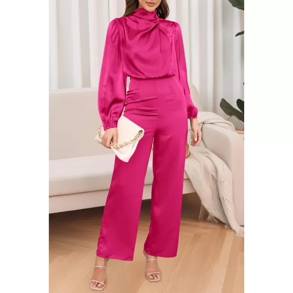 imagePRETTYGARDEN Womens Jumpsuits 2023 Fall Fashion One Piece Outfits Dressy Casual Satin Long Sleeve Mock Neck Wide Leg RomperRose Red