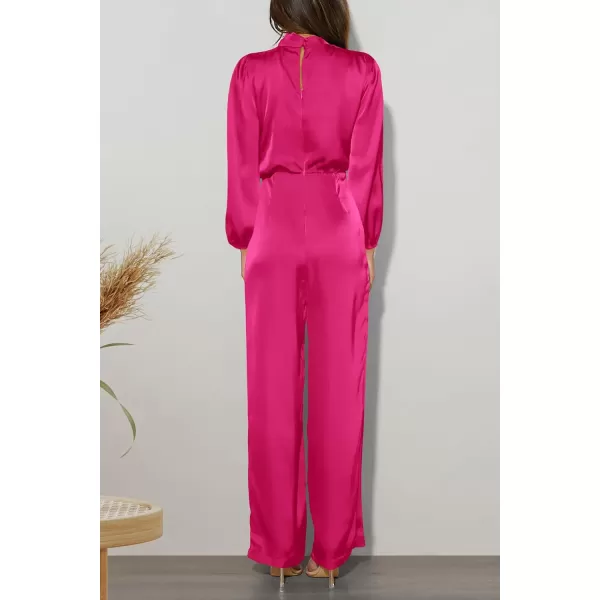 imagePRETTYGARDEN Womens Jumpsuits 2023 Fall Fashion One Piece Outfits Dressy Casual Satin Long Sleeve Mock Neck Wide Leg RomperRose Red