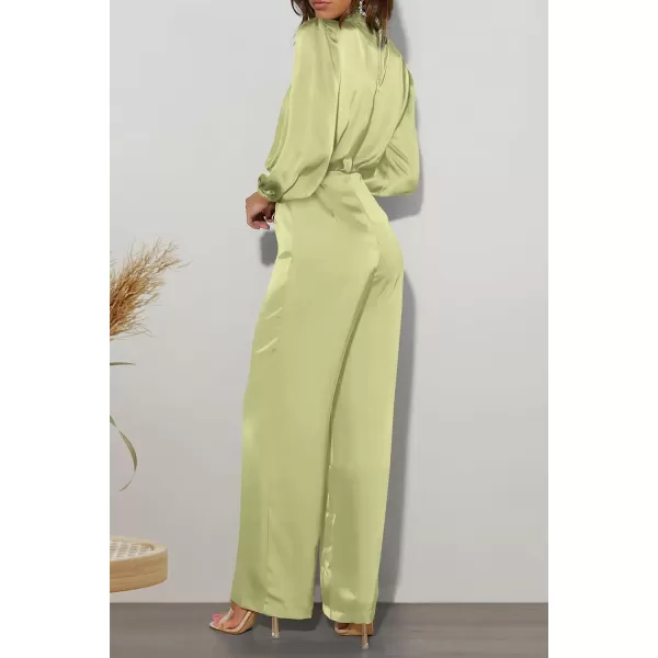 imagePRETTYGARDEN Womens Jumpsuits 2023 Fall Fashion One Piece Outfits Dressy Casual Satin Long Sleeve Mock Neck Wide Leg RomperTender Green