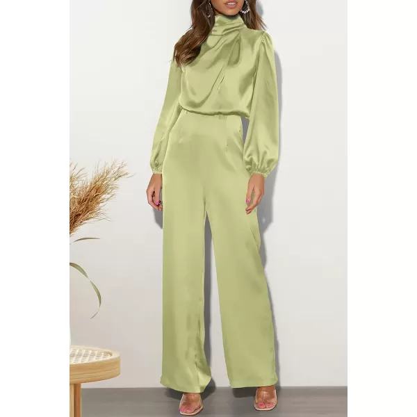 imagePRETTYGARDEN Womens Jumpsuits 2023 Fall Fashion One Piece Outfits Dressy Casual Satin Long Sleeve Mock Neck Wide Leg RomperTender Green