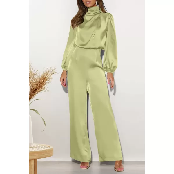 imagePRETTYGARDEN Womens Jumpsuits 2023 Fall Fashion One Piece Outfits Dressy Casual Satin Long Sleeve Mock Neck Wide Leg RomperTender Green