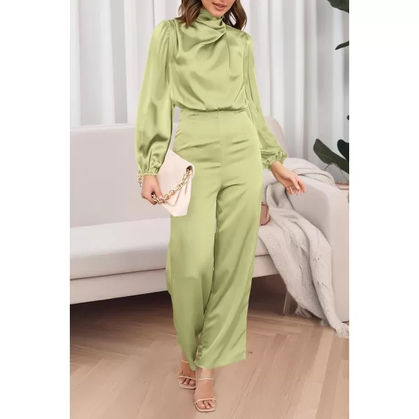 imagePRETTYGARDEN Womens Jumpsuits 2023 Fall Fashion One Piece Outfits Dressy Casual Satin Long Sleeve Mock Neck Wide Leg RomperTender Green