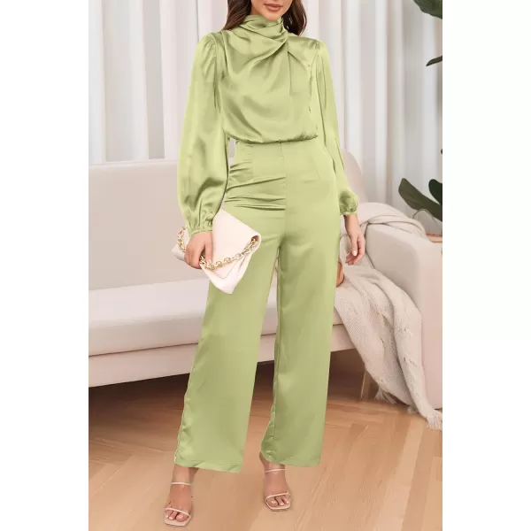 imagePRETTYGARDEN Womens Jumpsuits 2023 Fall Fashion One Piece Outfits Dressy Casual Satin Long Sleeve Mock Neck Wide Leg RomperTender Green