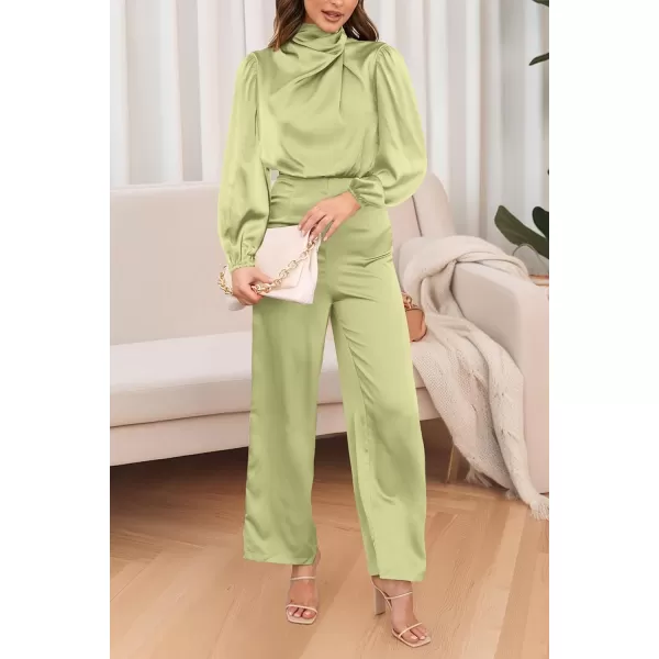 imagePRETTYGARDEN Womens Jumpsuits 2023 Fall Fashion One Piece Outfits Dressy Casual Satin Long Sleeve Mock Neck Wide Leg RomperTender Green