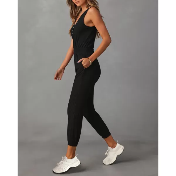 imagePRETTYGARDEN Womens Jumpsuits 2024 Summer Casual Sleeveless Elastic Waist Stretchy Ribbed Knit Long Rompers With PocketBlack