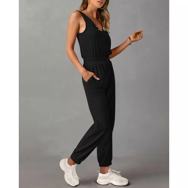 imagePRETTYGARDEN Womens Jumpsuits 2024 Summer Casual Sleeveless Elastic Waist Stretchy Ribbed Knit Long Rompers With PocketBlack