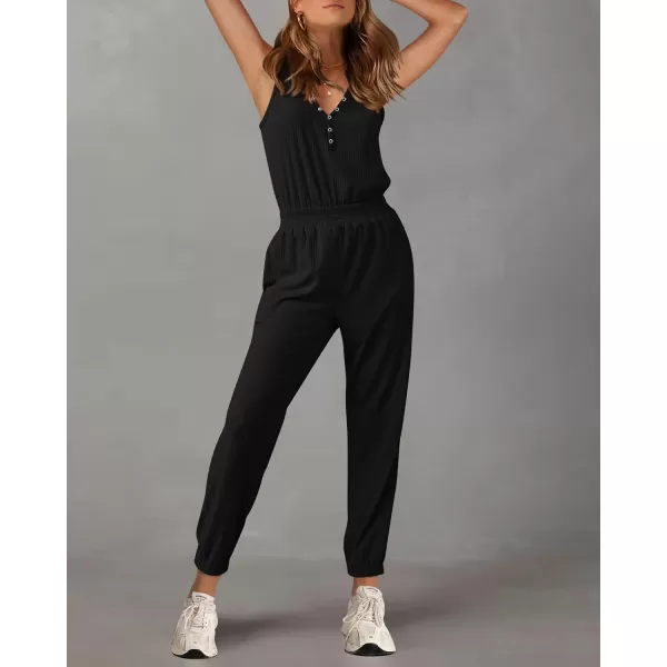 imagePRETTYGARDEN Womens Jumpsuits 2024 Summer Casual Sleeveless Elastic Waist Stretchy Ribbed Knit Long Rompers With PocketBlack