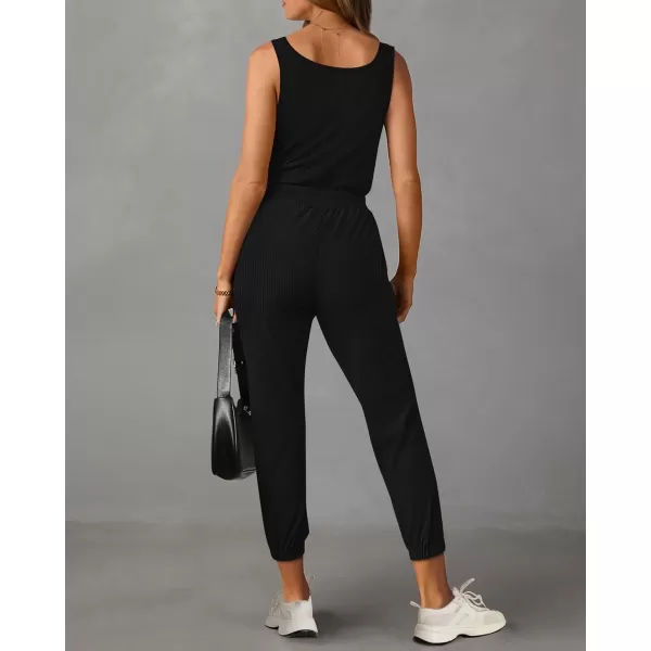 imagePRETTYGARDEN Womens Jumpsuits 2024 Summer Casual Sleeveless Elastic Waist Stretchy Ribbed Knit Long Rompers With PocketBlack