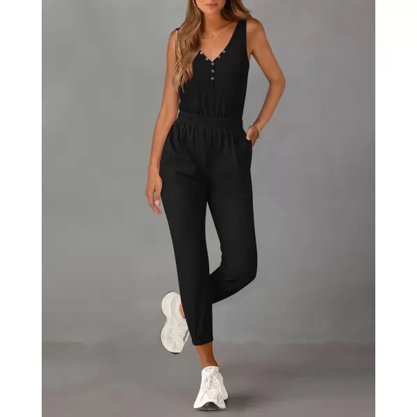 imagePRETTYGARDEN Womens Jumpsuits 2024 Summer Casual Sleeveless Elastic Waist Stretchy Ribbed Knit Long Rompers With PocketBlack