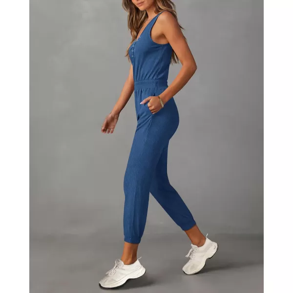 imagePRETTYGARDEN Womens Jumpsuits 2024 Summer Casual Sleeveless Elastic Waist Stretchy Ribbed Knit Long Rompers With PocketDark Blue