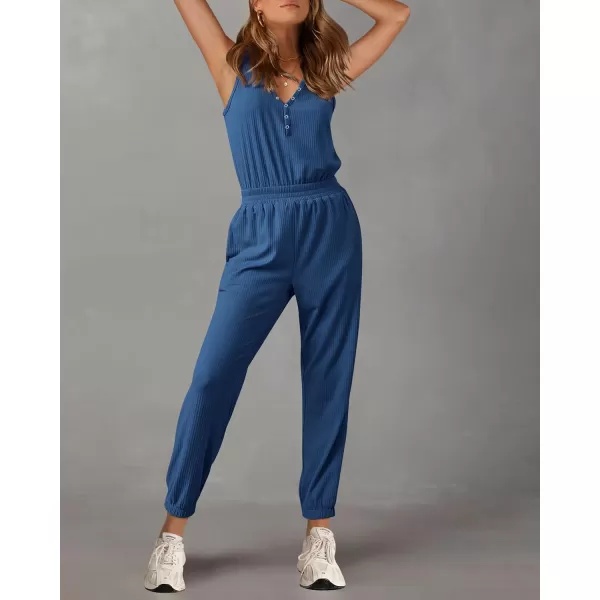 imagePRETTYGARDEN Womens Jumpsuits 2024 Summer Casual Sleeveless Elastic Waist Stretchy Ribbed Knit Long Rompers With PocketDark Blue