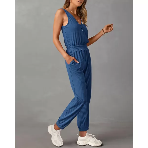 imagePRETTYGARDEN Womens Jumpsuits 2024 Summer Casual Sleeveless Elastic Waist Stretchy Ribbed Knit Long Rompers With PocketDark Blue