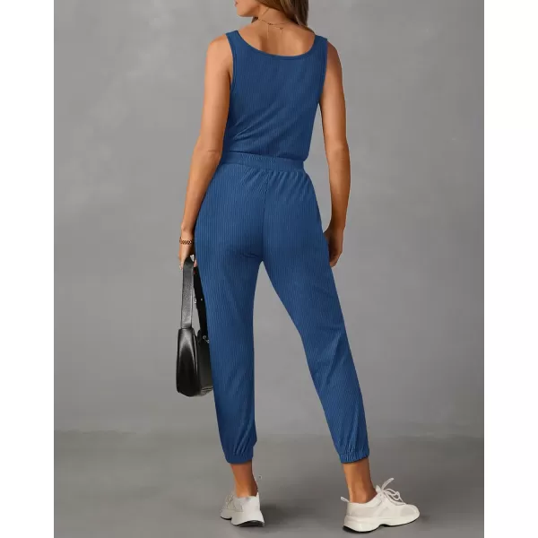 imagePRETTYGARDEN Womens Jumpsuits 2024 Summer Casual Sleeveless Elastic Waist Stretchy Ribbed Knit Long Rompers With PocketDark Blue