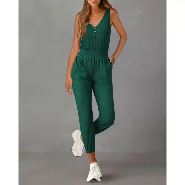 imagePRETTYGARDEN Womens Jumpsuits 2024 Summer Casual Sleeveless Elastic Waist Stretchy Ribbed Knit Long Rompers With PocketDark Green