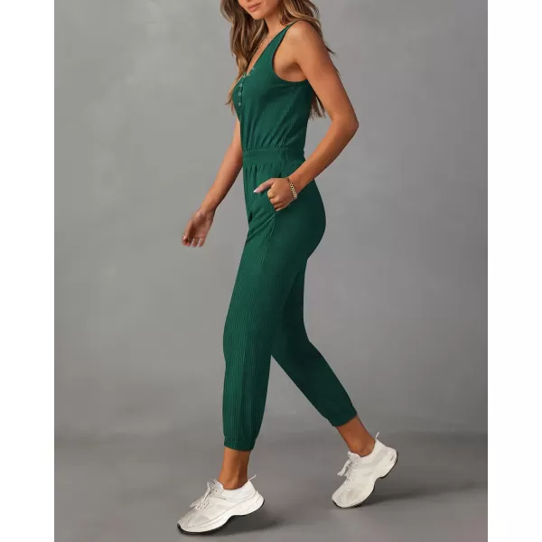 imagePRETTYGARDEN Womens Jumpsuits 2024 Summer Casual Sleeveless Elastic Waist Stretchy Ribbed Knit Long Rompers With PocketDark Green