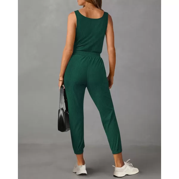 imagePRETTYGARDEN Womens Jumpsuits 2024 Summer Casual Sleeveless Elastic Waist Stretchy Ribbed Knit Long Rompers With PocketDark Green