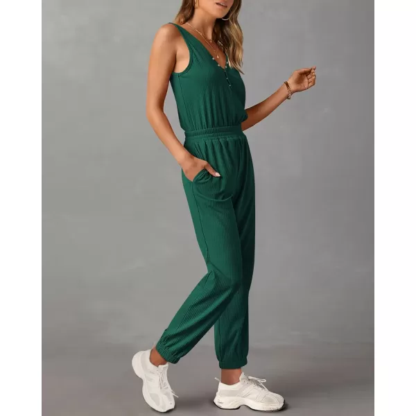 imagePRETTYGARDEN Womens Jumpsuits 2024 Summer Casual Sleeveless Elastic Waist Stretchy Ribbed Knit Long Rompers With PocketDark Green
