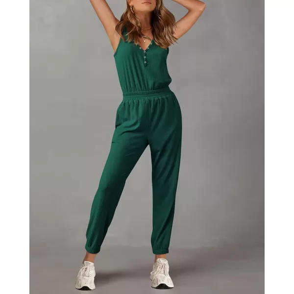 imagePRETTYGARDEN Womens Jumpsuits 2024 Summer Casual Sleeveless Elastic Waist Stretchy Ribbed Knit Long Rompers With PocketDark Green