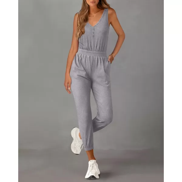imagePRETTYGARDEN Womens Jumpsuits 2024 Summer Casual Sleeveless Elastic Waist Stretchy Ribbed Knit Long Rompers With PocketGrey
