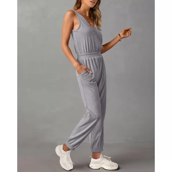imagePRETTYGARDEN Womens Jumpsuits 2024 Summer Casual Sleeveless Elastic Waist Stretchy Ribbed Knit Long Rompers With PocketGrey