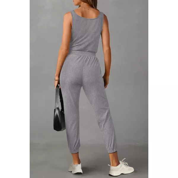 imagePRETTYGARDEN Womens Jumpsuits 2024 Summer Casual Sleeveless Elastic Waist Stretchy Ribbed Knit Long Rompers With PocketGrey