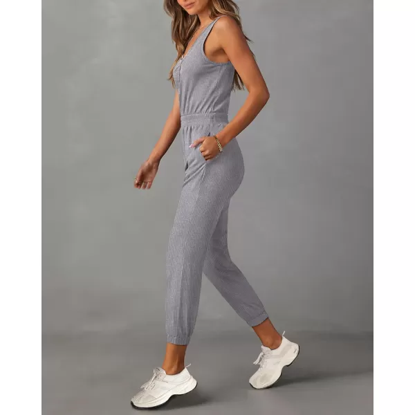 imagePRETTYGARDEN Womens Jumpsuits 2024 Summer Casual Sleeveless Elastic Waist Stretchy Ribbed Knit Long Rompers With PocketGrey