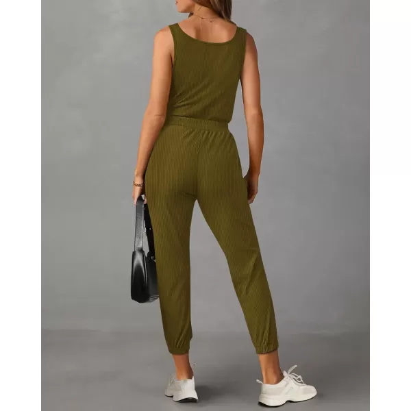 imagePRETTYGARDEN Womens Jumpsuits 2024 Summer Casual Sleeveless Elastic Waist Stretchy Ribbed Knit Long Rompers With PocketMustard Green