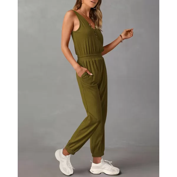 imagePRETTYGARDEN Womens Jumpsuits 2024 Summer Casual Sleeveless Elastic Waist Stretchy Ribbed Knit Long Rompers With PocketMustard Green