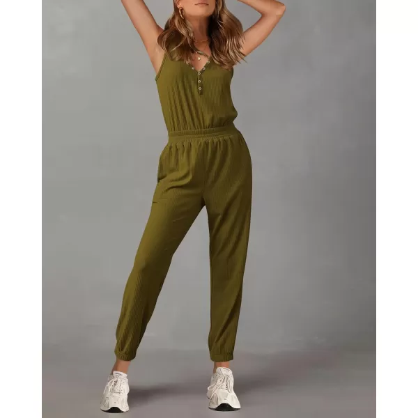 imagePRETTYGARDEN Womens Jumpsuits 2024 Summer Casual Sleeveless Elastic Waist Stretchy Ribbed Knit Long Rompers With PocketMustard Green