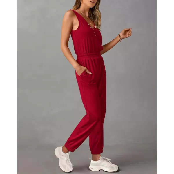 imagePRETTYGARDEN Womens Jumpsuits 2024 Summer Casual Sleeveless Elastic Waist Stretchy Ribbed Knit Long Rompers With PocketRed