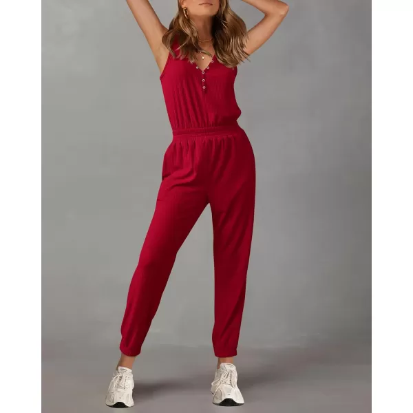 imagePRETTYGARDEN Womens Jumpsuits 2024 Summer Casual Sleeveless Elastic Waist Stretchy Ribbed Knit Long Rompers With PocketRed
