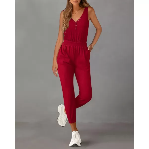 imagePRETTYGARDEN Womens Jumpsuits 2024 Summer Casual Sleeveless Elastic Waist Stretchy Ribbed Knit Long Rompers With PocketRed
