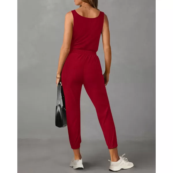 imagePRETTYGARDEN Womens Jumpsuits 2024 Summer Casual Sleeveless Elastic Waist Stretchy Ribbed Knit Long Rompers With PocketRed