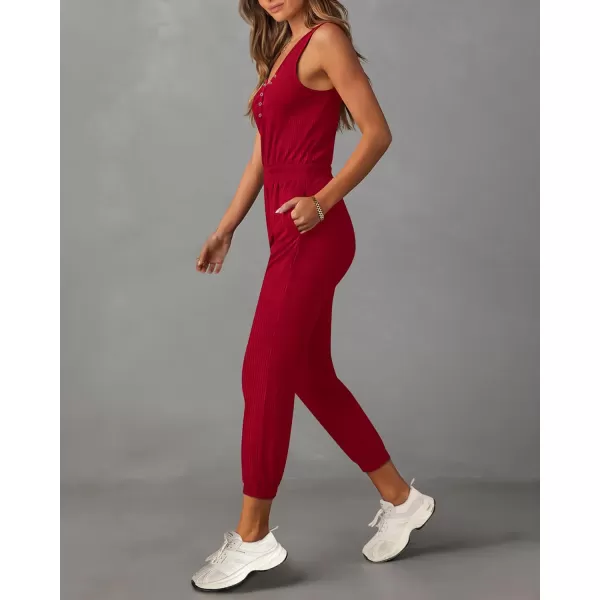 imagePRETTYGARDEN Womens Jumpsuits 2024 Summer Casual Sleeveless Elastic Waist Stretchy Ribbed Knit Long Rompers With PocketRed