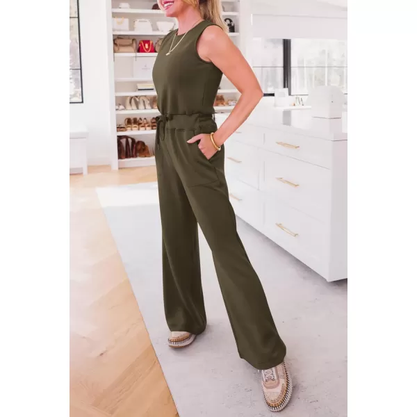 imagePRETTYGARDEN Womens Jumpsuits Summer Casual One Piece Outfits Sleeveless Wide Leg Long Pants RompersArmy Green
