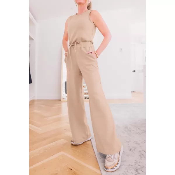 imagePRETTYGARDEN Womens Jumpsuits Summer Casual One Piece Outfits Sleeveless Wide Leg Long Pants RompersBeige