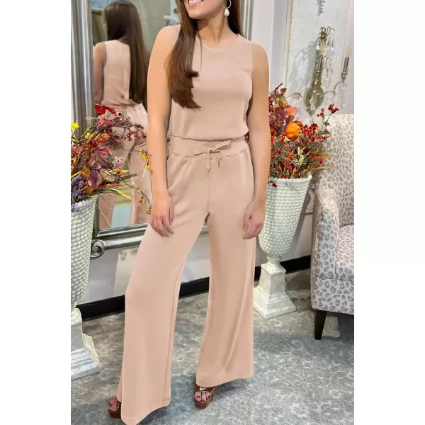 imagePRETTYGARDEN Womens Jumpsuits Summer Casual One Piece Outfits Sleeveless Wide Leg Long Pants RompersBeige