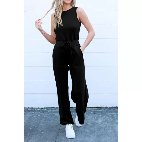 imagePRETTYGARDEN Womens Jumpsuits Summer Casual One Piece Outfits Sleeveless Wide Leg Long Pants RompersBlack