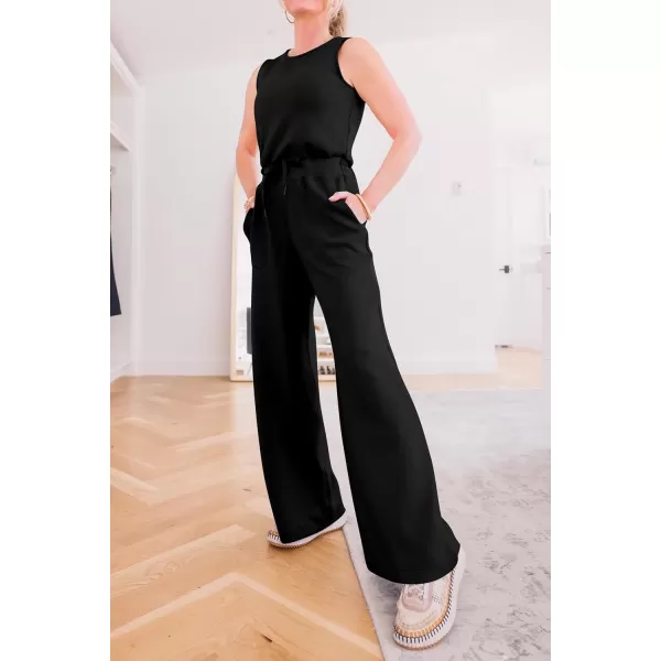 imagePRETTYGARDEN Womens Jumpsuits Summer Casual One Piece Outfits Sleeveless Wide Leg Long Pants RompersBlack