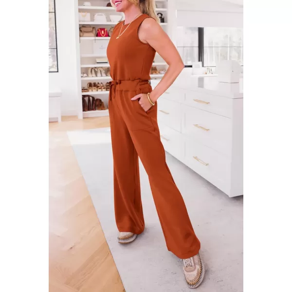 imagePRETTYGARDEN Womens Jumpsuits Summer Casual One Piece Outfits Sleeveless Wide Leg Long Pants RompersBrick Red