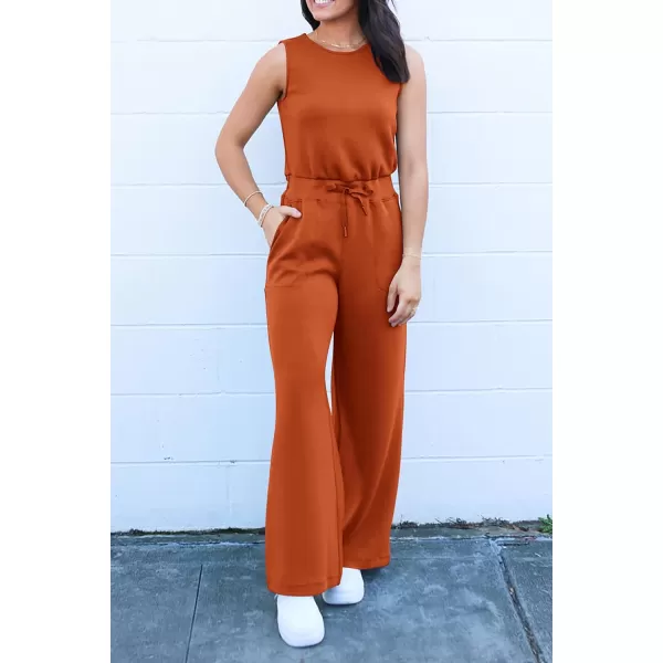 imagePRETTYGARDEN Womens Jumpsuits Summer Casual One Piece Outfits Sleeveless Wide Leg Long Pants RompersBrick Red