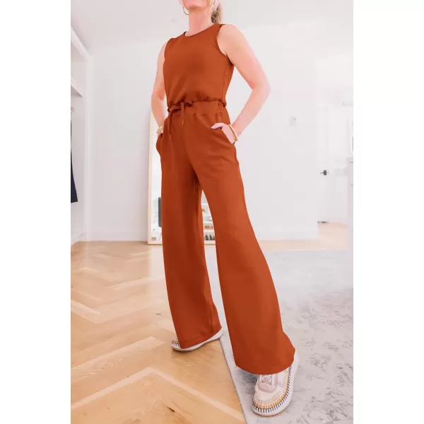 imagePRETTYGARDEN Womens Jumpsuits Summer Casual One Piece Outfits Sleeveless Wide Leg Long Pants RompersBrick Red