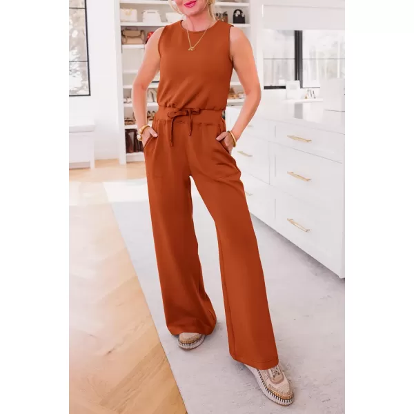 imagePRETTYGARDEN Womens Jumpsuits Summer Casual One Piece Outfits Sleeveless Wide Leg Long Pants RompersBrick Red