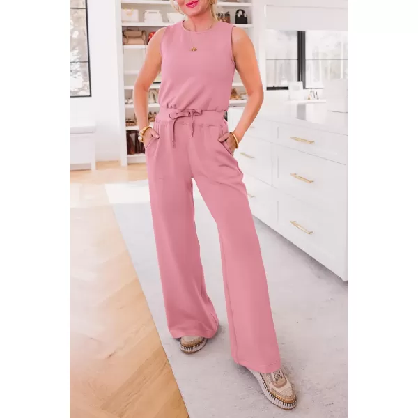 imagePRETTYGARDEN Womens Jumpsuits Summer Casual One Piece Outfits Sleeveless Wide Leg Long Pants RompersDusty Pink