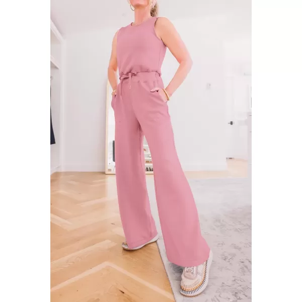 imagePRETTYGARDEN Womens Jumpsuits Summer Casual One Piece Outfits Sleeveless Wide Leg Long Pants RompersDusty Pink