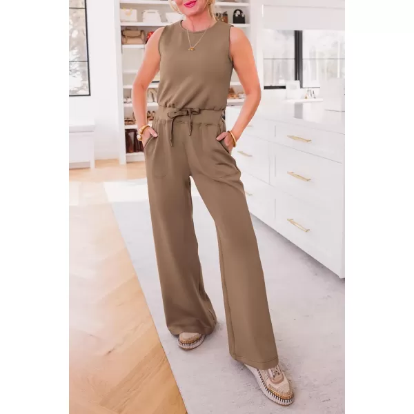 imagePRETTYGARDEN Womens Jumpsuits Summer Casual One Piece Outfits Sleeveless Wide Leg Long Pants RompersKhaki