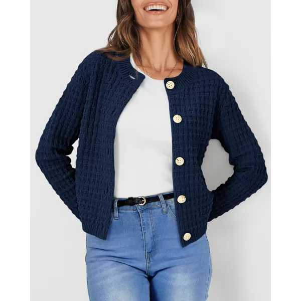 imagePRETTYGARDEN Womens Knit Cardigan Sweaters Casual Long Sleeve Open Front Button Down Trendy Jackets OuterwearDark Blue