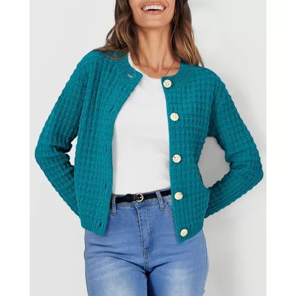 imagePRETTYGARDEN Womens Knit Cardigan Sweaters Casual Long Sleeve Open Front Button Down Trendy Jackets OuterwearPeacock Blue