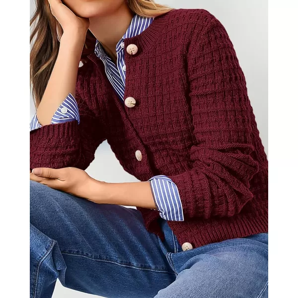 imagePRETTYGARDEN Womens Knit Cardigan Sweaters Casual Long Sleeve Open Front Button Down Trendy Jackets OuterwearWine Red
