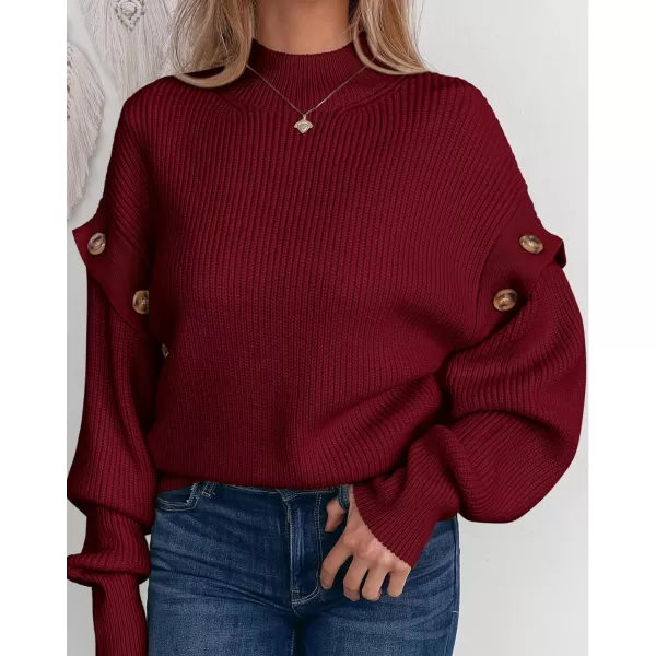 imagePRETTYGARDEN Womens Knit Pullover Sweater 2023 Fall Fashion Clothes Long Sleeve Mock Neck Blouse TopsWine Red